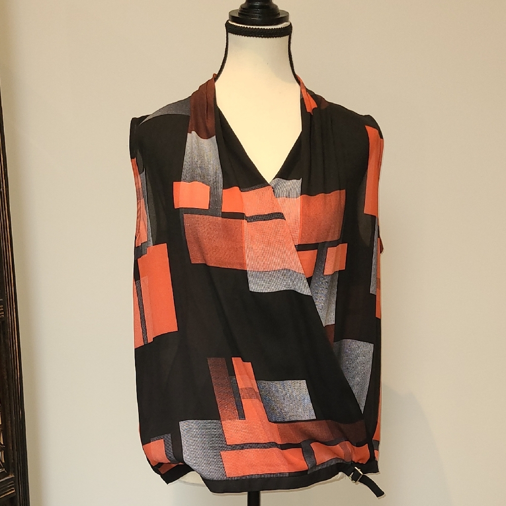 New Chaus Black and Orange Abstract Blouse